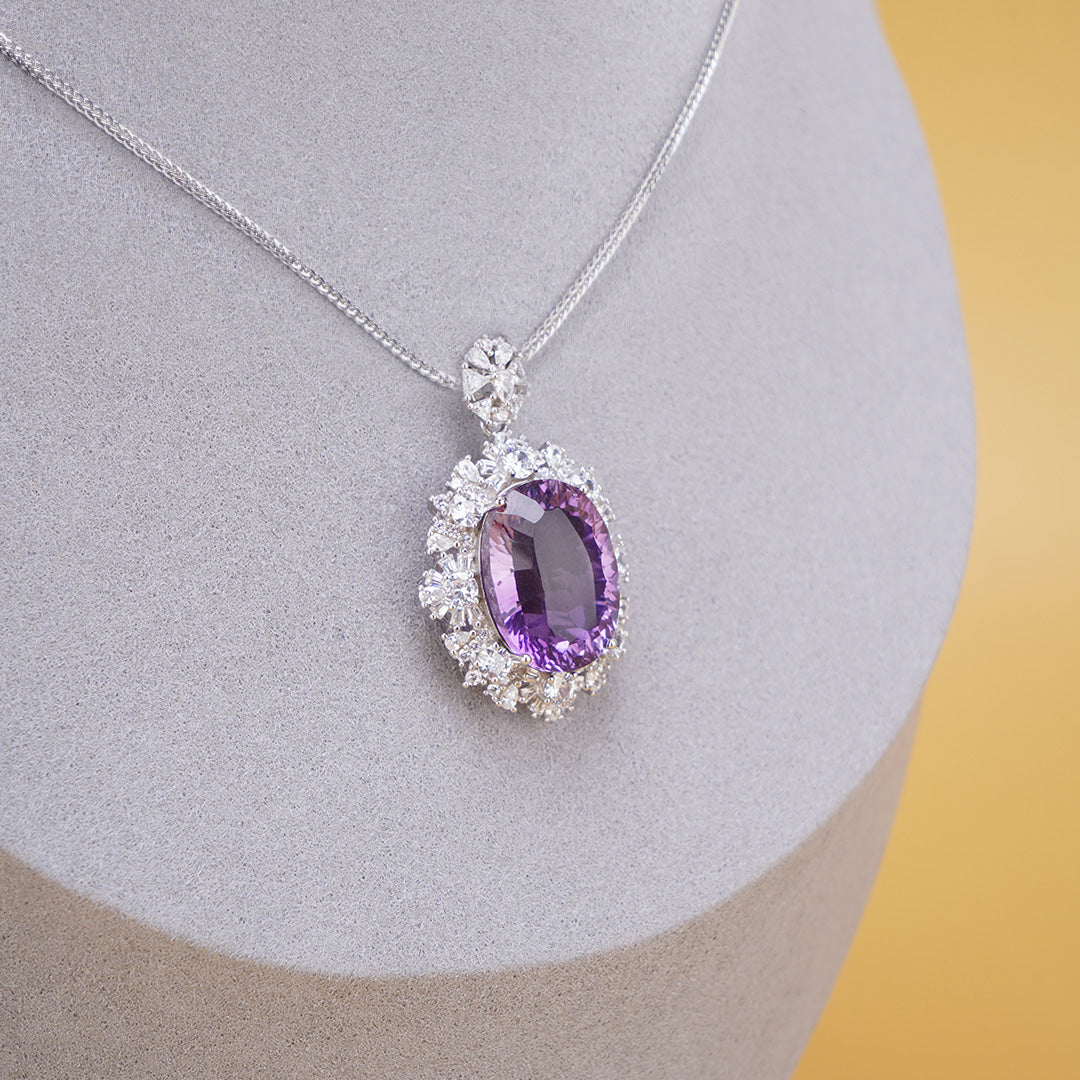 Amethyst Crystal Oval Pendant with Zircon 925 silver Necklace