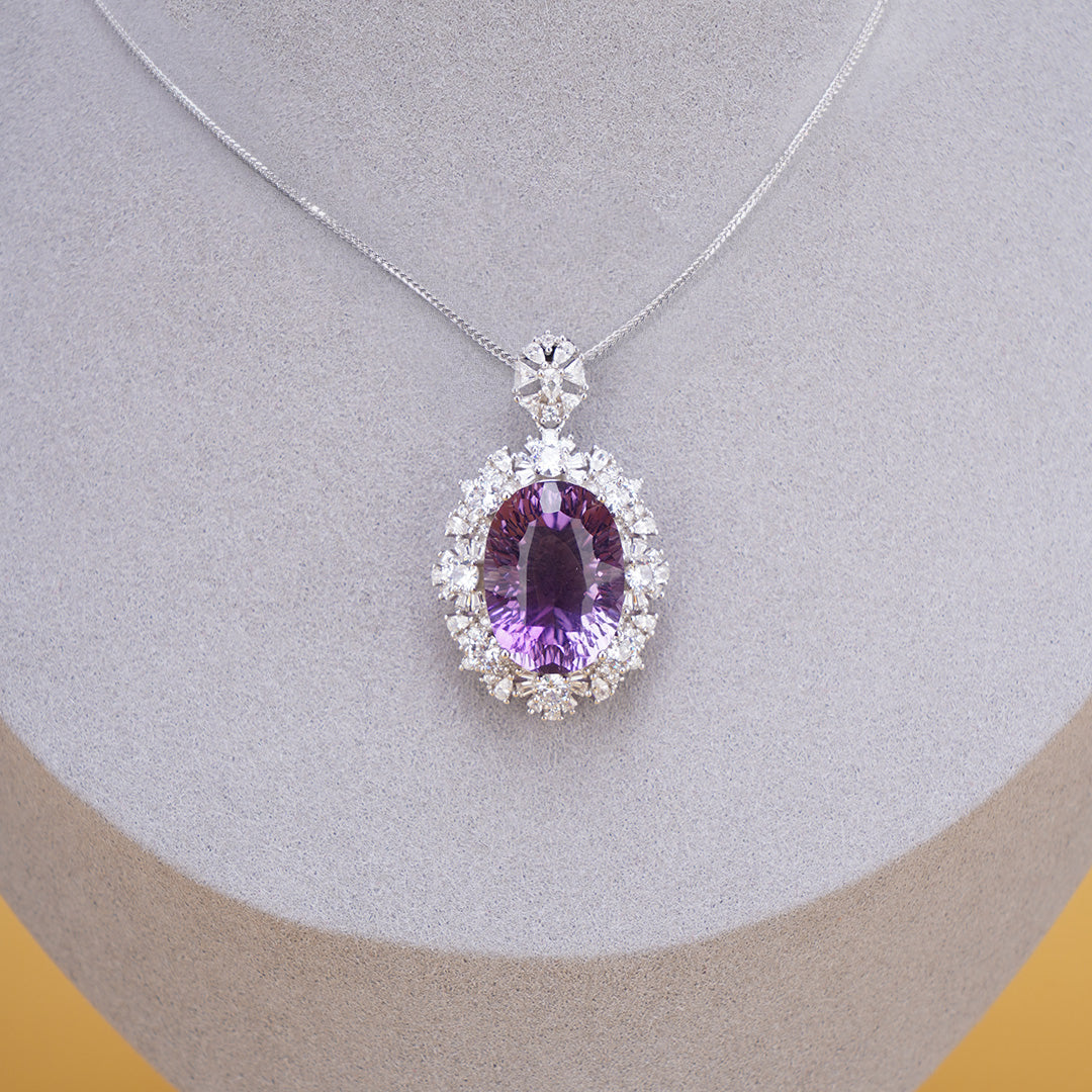 Amethyst Crystal Oval Pendant with Zircon 925 silver Necklace