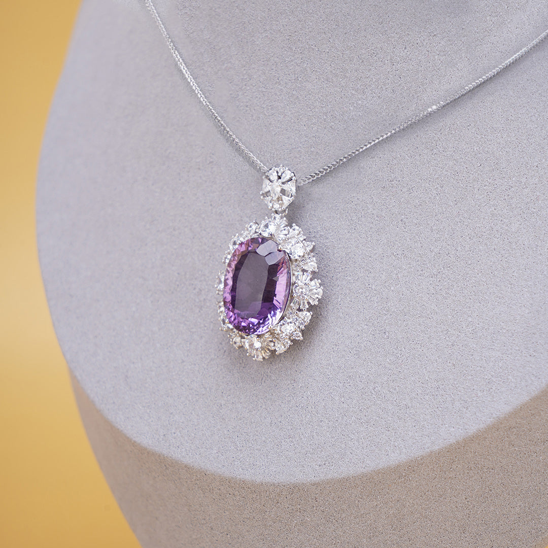 Amethyst Crystal Oval Pendant with Zircon 925 silver Necklace