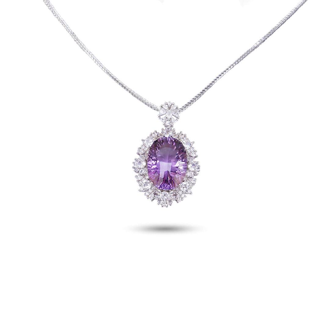 Amethyst Crystal Oval Pendant with Zircon 925 silver Necklace