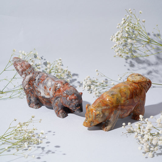 Crazy agate and 3 color jade bear carving
